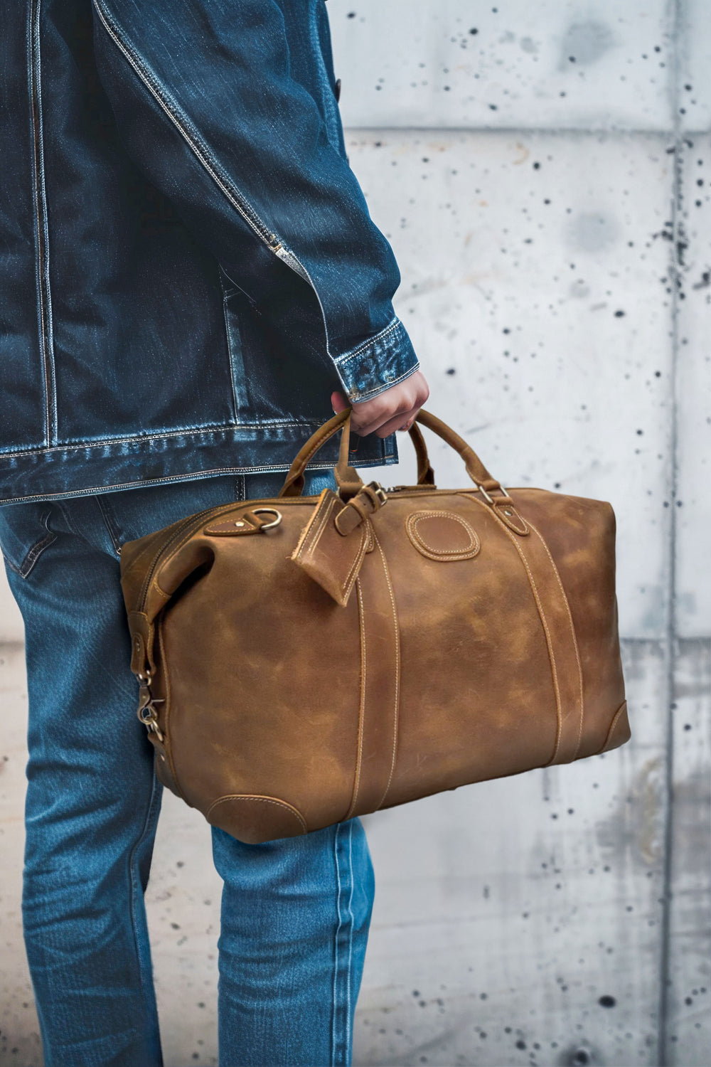 Leather holdall bag in hand, stylish travel accessory perfect for adventures in the Swiss Alps.