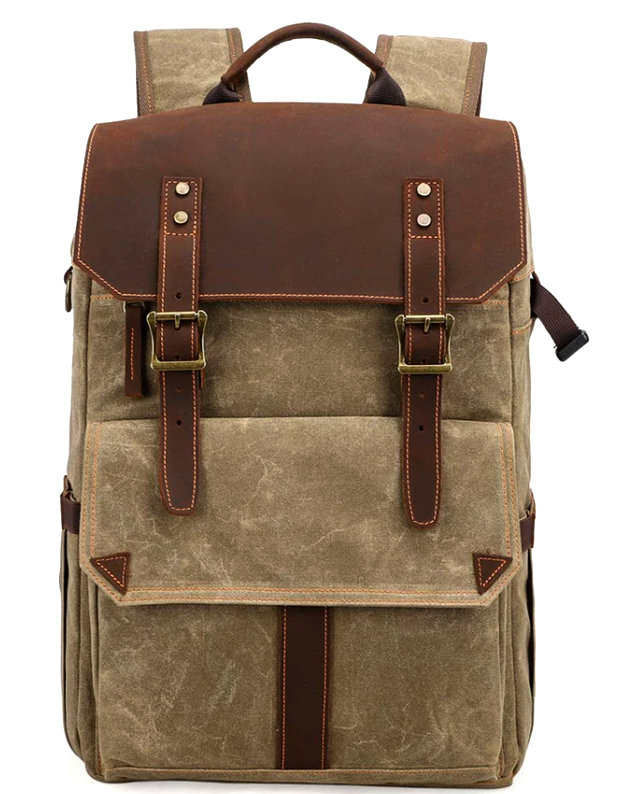 Stylish camera backpack with brown leather accents, designed for photographers and adventure seekers.