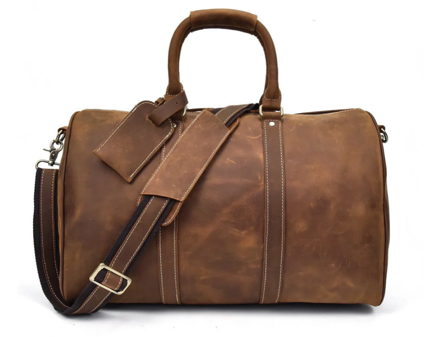 Stylish leather holdall bag in rich brown, perfect for travel and everyday use, inspired by Lake Baikal.