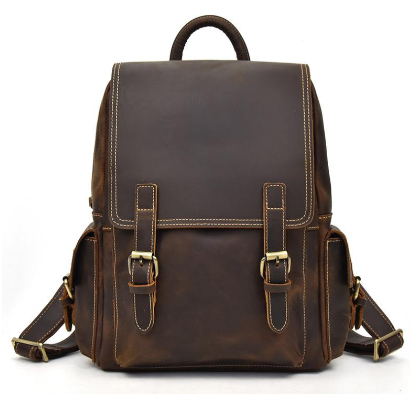 Leather Rucksack by Angel Falls, featuring a vintage design with buckled straps and durable material.
