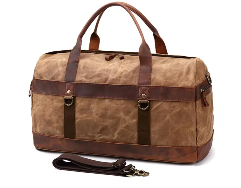 Stylish mens duffle bag in brown with leather accents, perfect for travel and outdoor adventures, Mount Shasta.