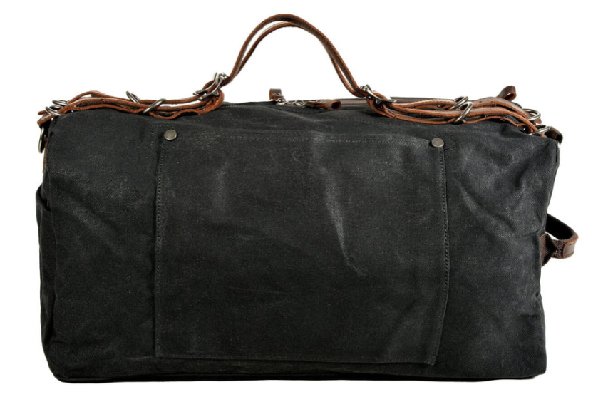 Durable sports duffle bag in black canvas with leather straps, perfect for travel and gym workouts.