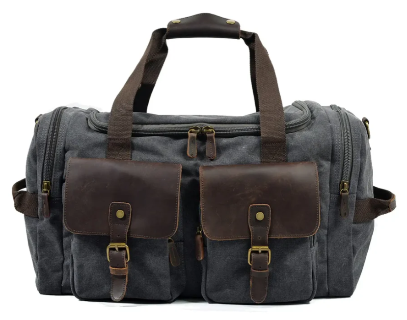 Weekend Duffle Bag in gray with brown leather accents and front pockets, perfect for travel and gym use.