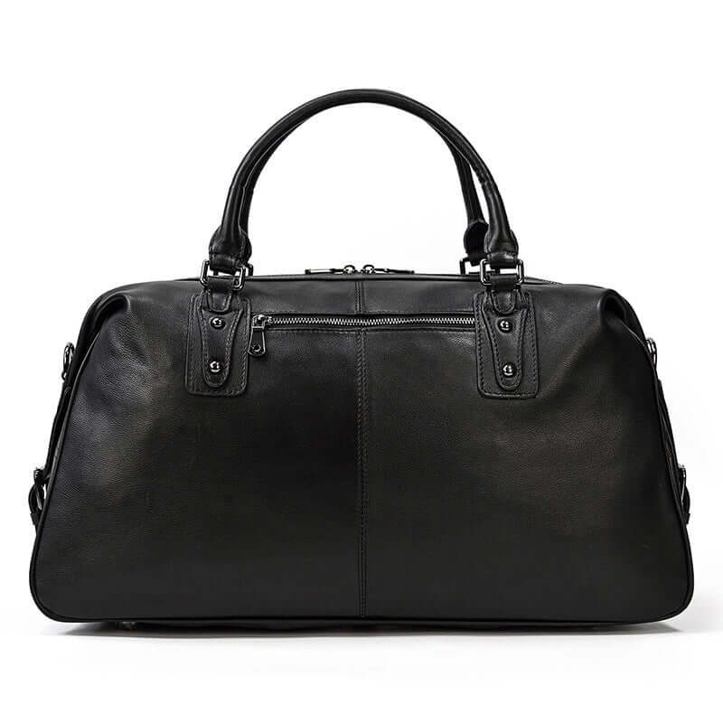 Stylish black leather holdall with dual handles, perfect for travel and daily use, showcasing a sleek design.