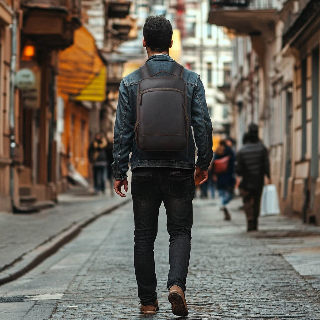 Man walking on a cobblestone street carrying a stylish leather laptop rucksack, showcasing urban fashion.