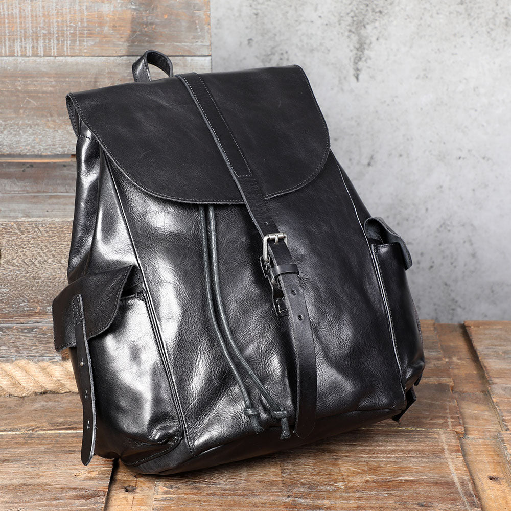 Small black leather backpack from Lake Victoria, perfect for casual outings and stylish travel.