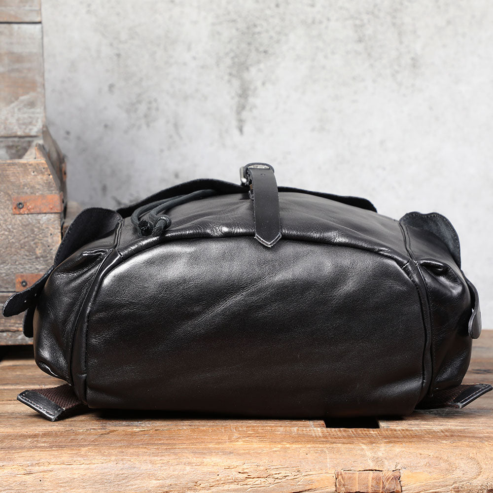 Small black leather backpack viewed from the bottom, showcasing high-quality craftsmanship, perfect for daily use.