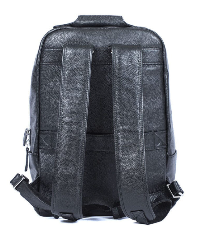Back view of a stylish black leather bookbag from Death Valley, featuring adjustable straps.