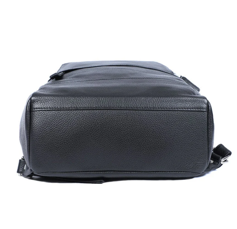 Black leather bookbag from above view, showcasing its sleek design and quality craftsmanship.