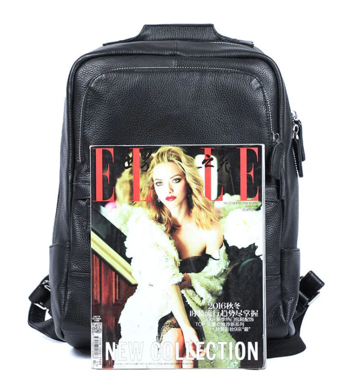 Stylish black leather bookbag with magazine featuring a model, perfect for urban fashion and daily use.