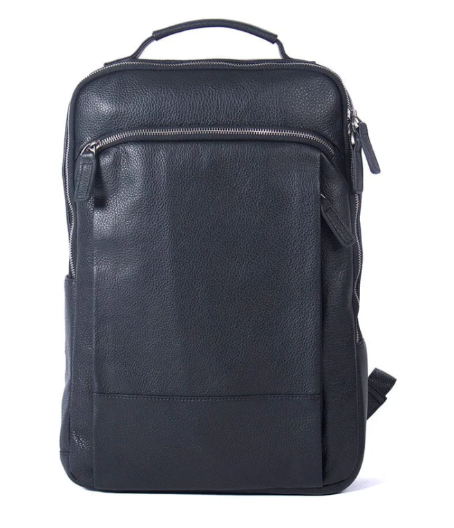 Stylish black leather laptop backpack by Serengeti, perfect for work and travel with sleek design and durable material.