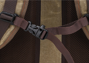 Close-up of camera backpack buckle detail, showing sturdy design and adjustable straps for optimal comfort.