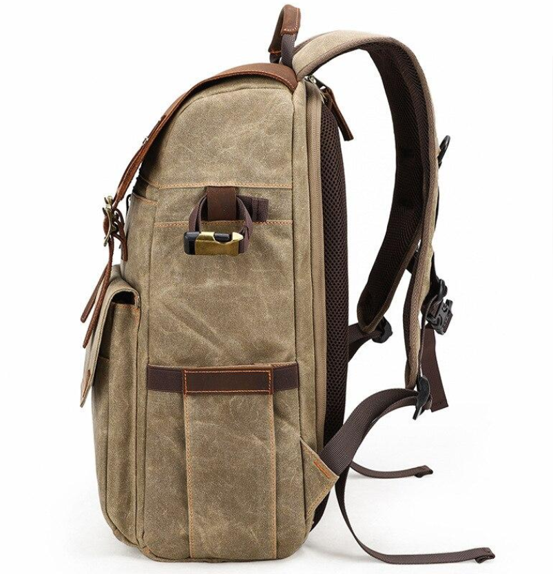 Side view of the Mount Aoraki camera backpack showcasing its durable fabric and sturdy design.