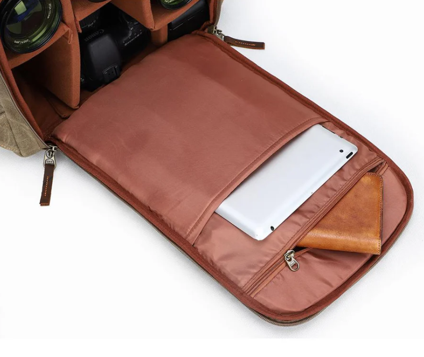 Interior view of Mount Aoraki camera backpack showing padded compartments for a tablet and wallet.