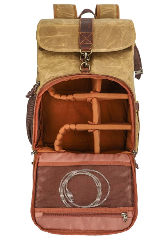 Interior view of the Kruger Canvas Camera Backpack showing compartments for gear organization.