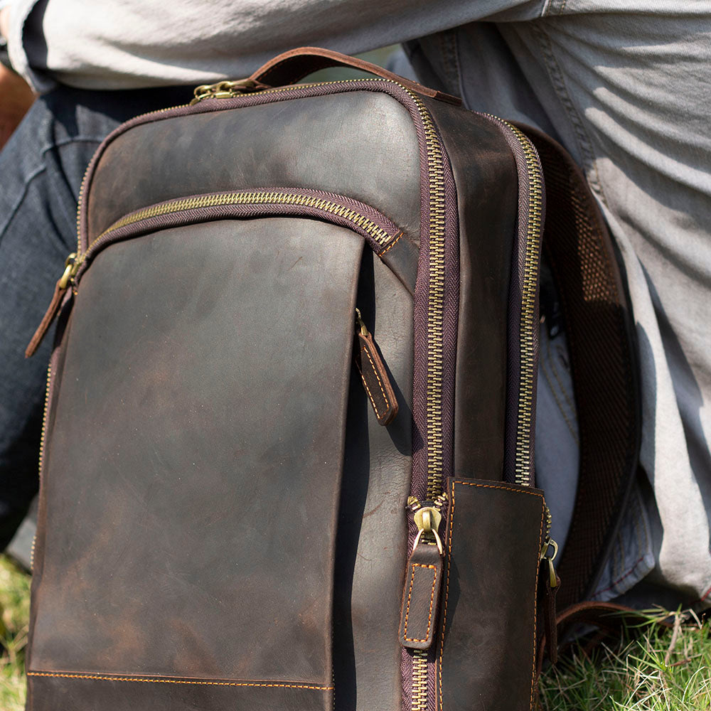 Leather Laptop Rucksack Loch Ness with elegant zippers and durable design, perfect for travel and daily use.