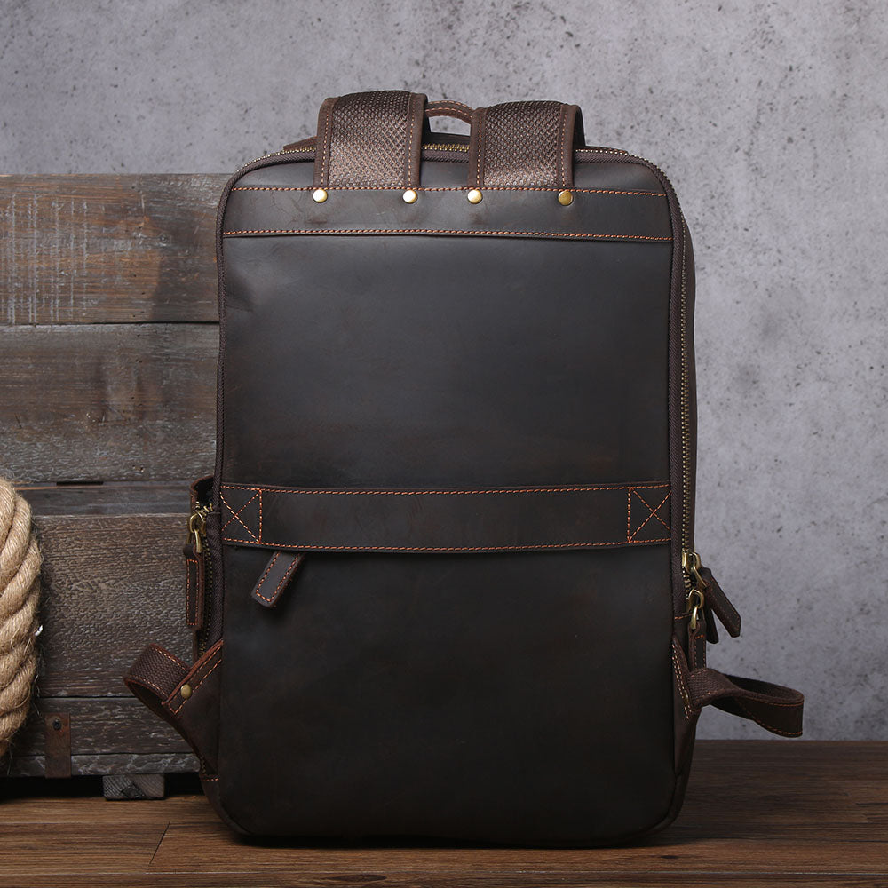 Stylish Leather Laptop Rucksack in dark brown, perfect for work and travel, featuring durable straps and elegant design.
