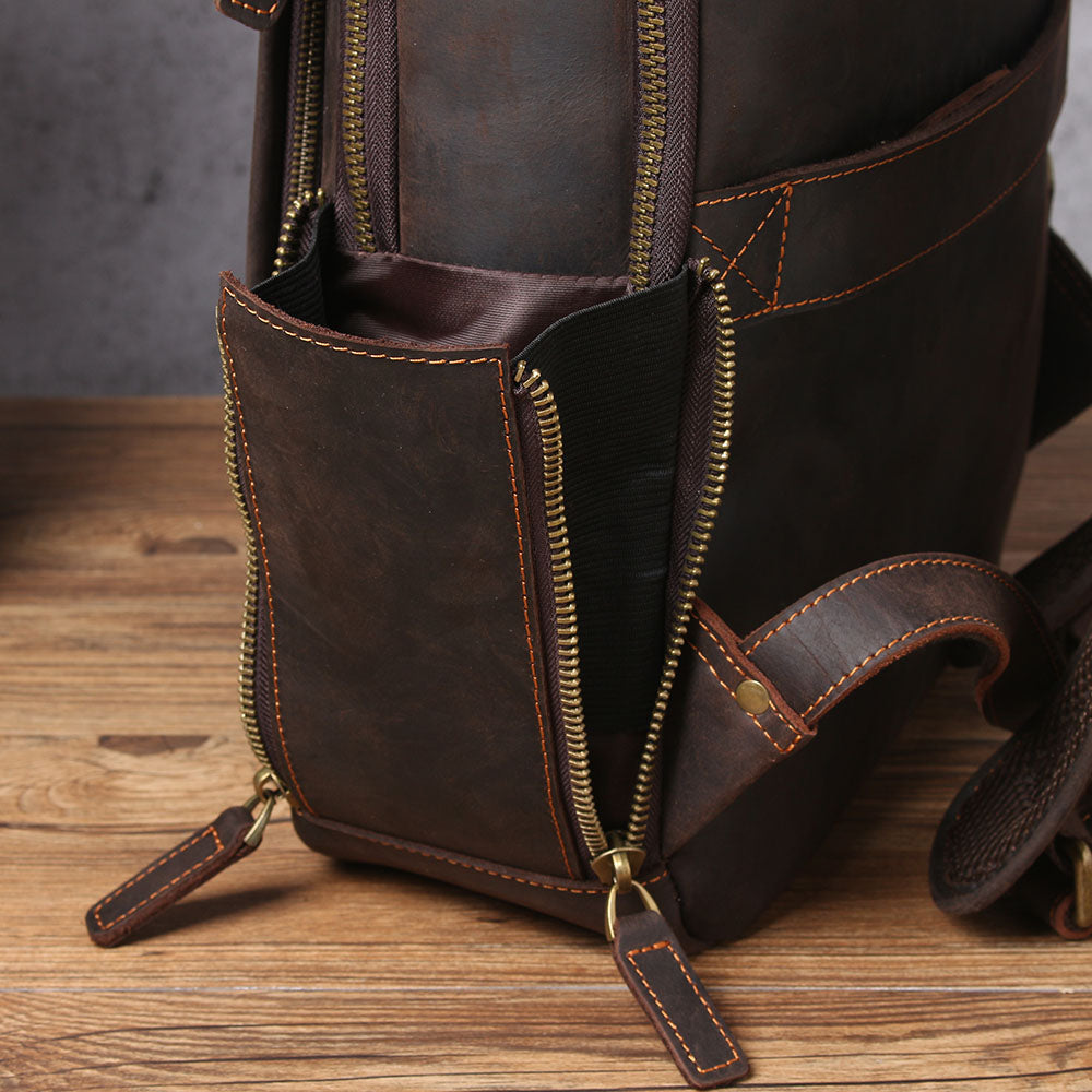 Close-up of Leather Laptop Rucksack Loch Ness showing zippered pocket and stitching details, perfect for stylish tech storage.