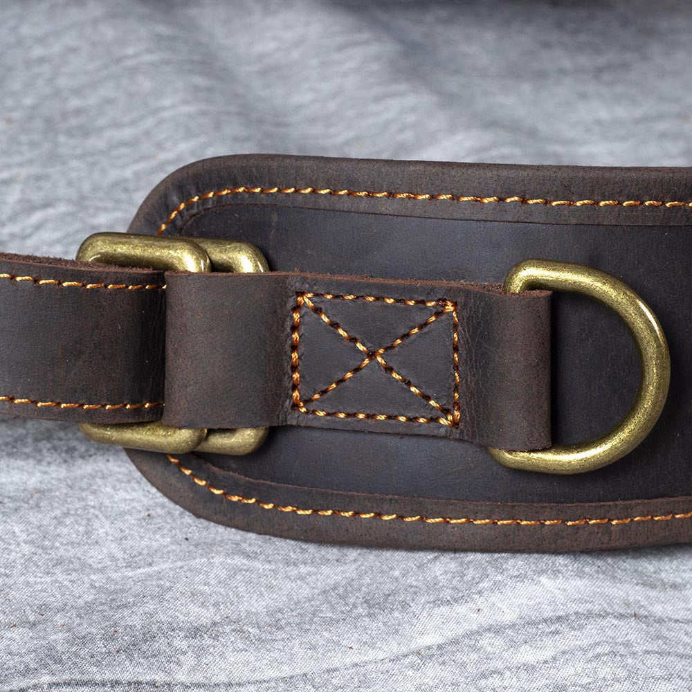 Close-up of a sturdy leather strap with brass hardware and detailed stitching, showcasing quality craftsmanship.