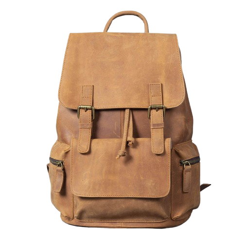 Stylish leather drawstring backpack in tan, featuring front pockets and adjustable straps.