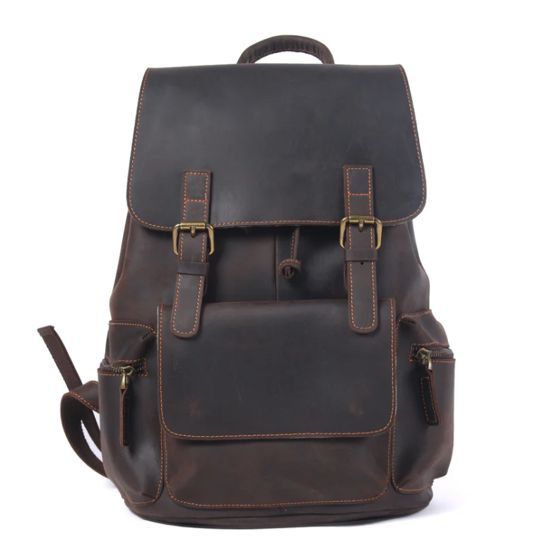 Black sea leather drawstring backpack crafted from premium leather, featuring sturdy buckles and multiple pockets for storage.