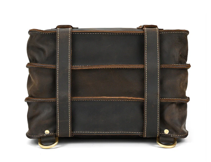 Rear view of a stylish leather rucksack in dark brown with contrasting stitching and robust straps.