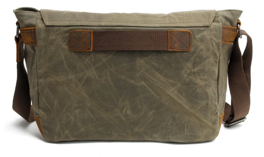 Retro shoulder bag by Yangtze in olive green canvas with brown accents and adjustable strap.