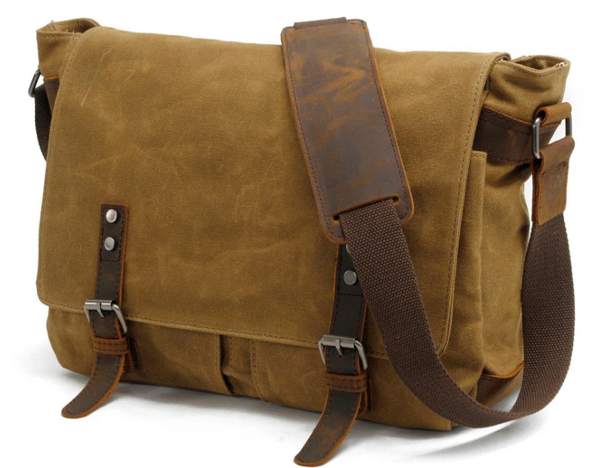 Retro shoulder bag in khaki with brown accents and adjustable strap, perfect for casual and stylish outings.