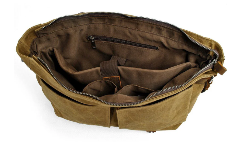 Interior view of Retro Shoulder Bag by Yangtze, featuring multiple pockets and a spacious design.