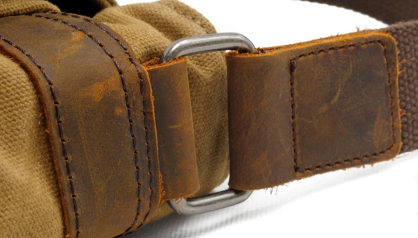 Close-up of the metal buckle and leather strap detail on a retro shoulder bag by Yangtze.