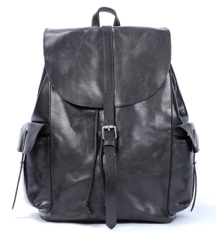 Small black leather backpack from Lake Victoria, featuring a classic design with pockets and a secure closure.