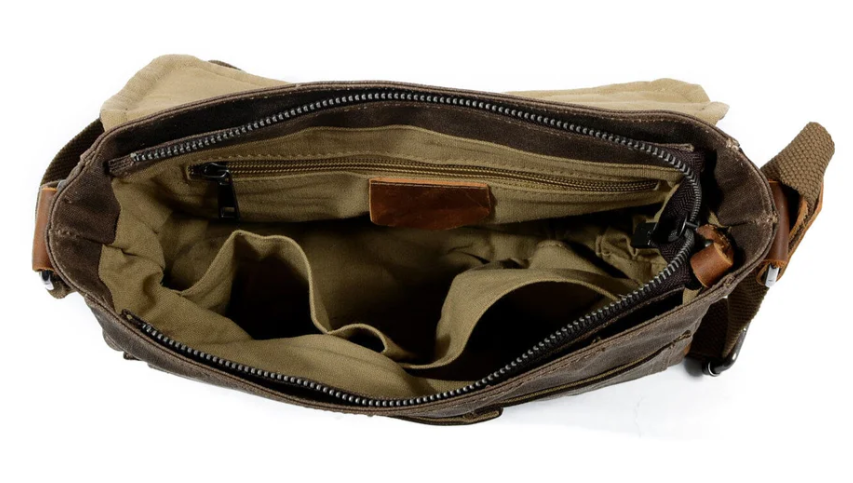 Interior view of the Small Canvas Messenger Bag | Pyrenees, showcasing spacious compartments and stylish design.