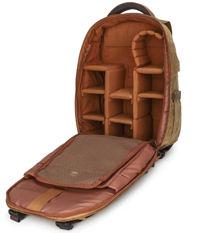 Vintage camera backpack interior with padded dividers for secure storage | Sierra Nevada