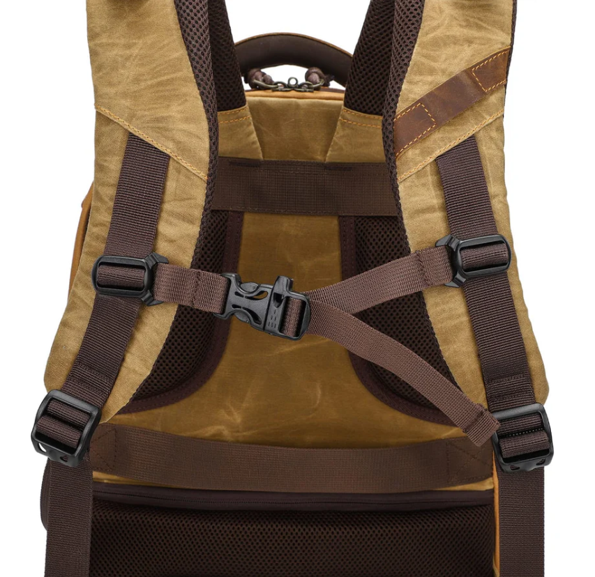 Back view of a vintage camera backpack showcasing adjustable straps and ergonomic design for comfort.