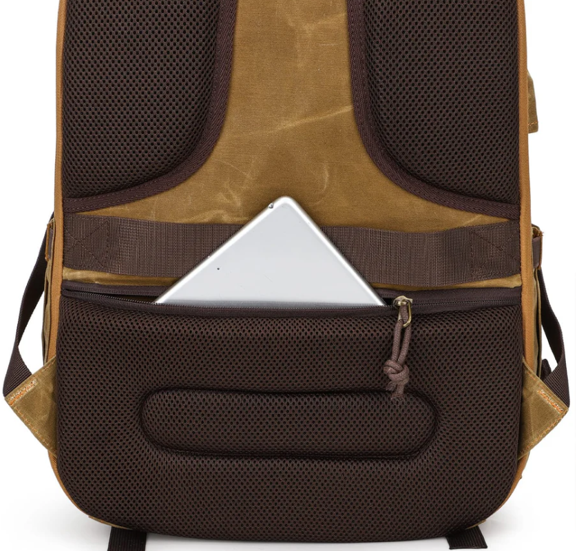 Vintage camera backpack with a padded rear pocket for laptops, showcasing a stylish and functional design.
