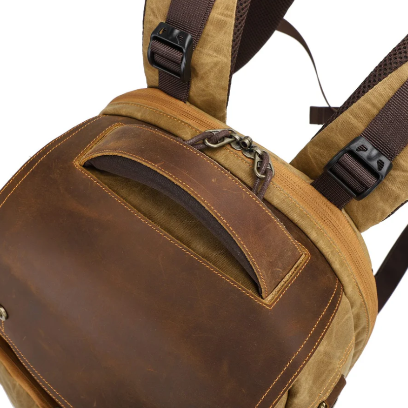 Vintage Camera Backpack Sierra Nevada showing stylish brown leather and durable fabric design for photographers.