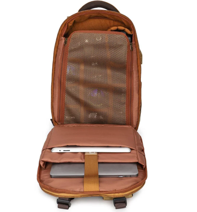 Vintage camera backpack with laptop compartment and mesh pockets, perfect for photographers on the go in Sierra Nevada style.