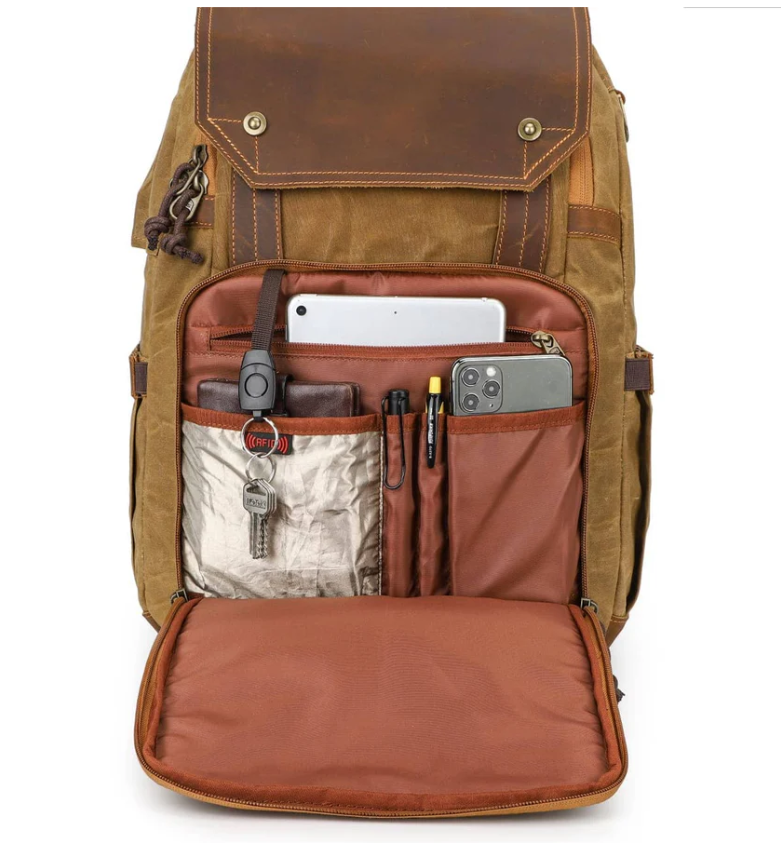 Vintage camera backpack interior showing multiple compartments for organization and storage.