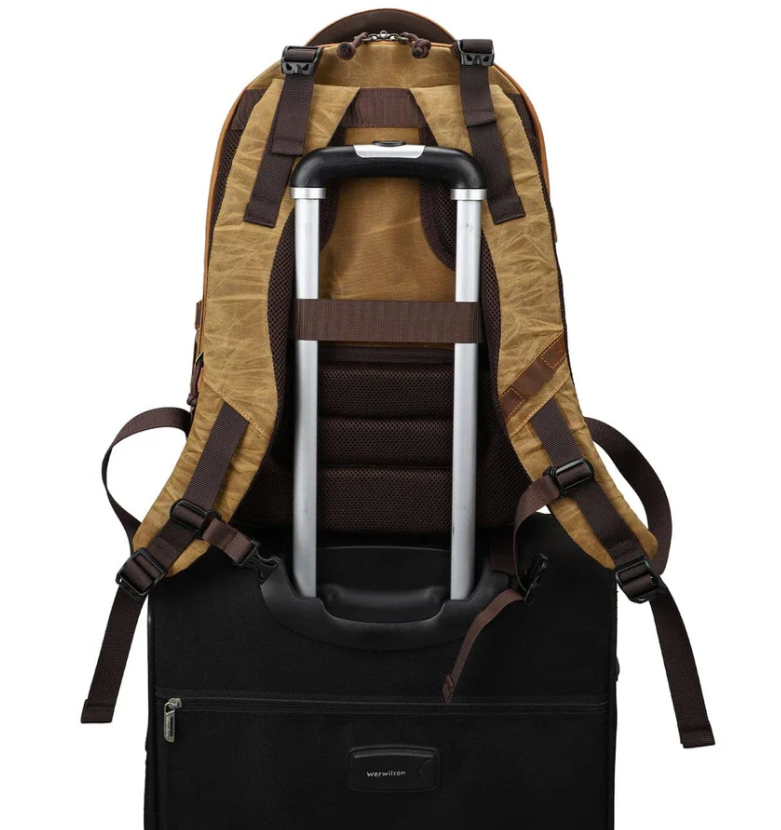 Vintage camera backpack with sturdy straps and handle, designed for adventurers and photographers, Sierra Nevada style.