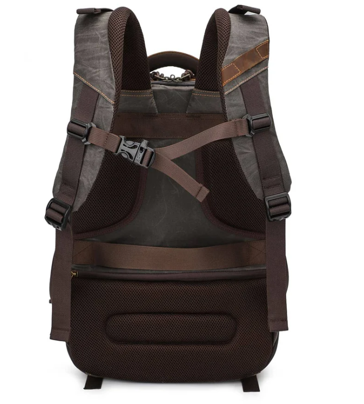 Vintage Sierra Nevada camera backpack featuring adjustable straps and padded back support.