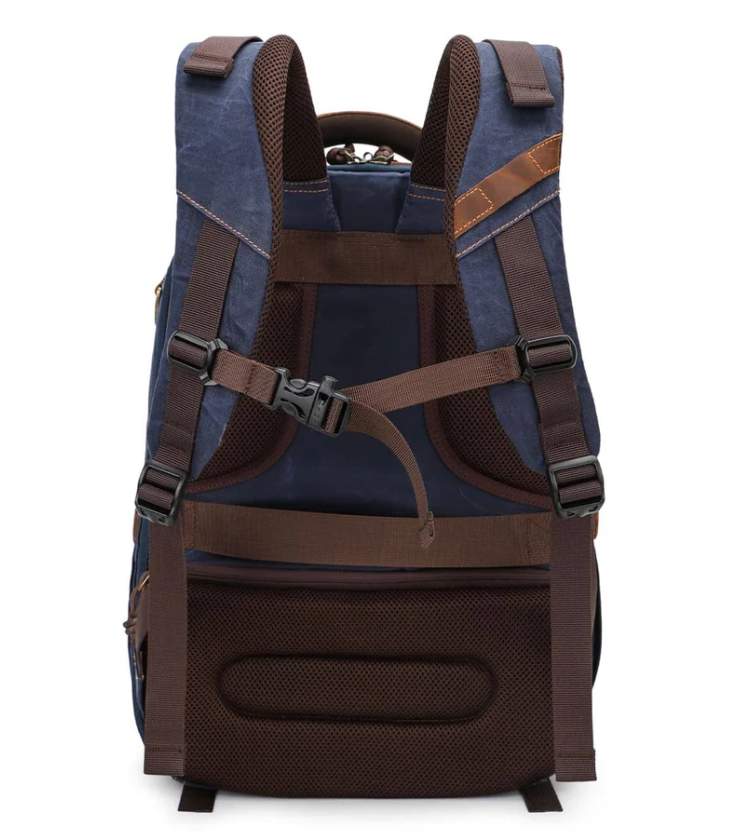 Vintage camera backpack in navy blue with adjustable straps and multiple compartments for photography gear.