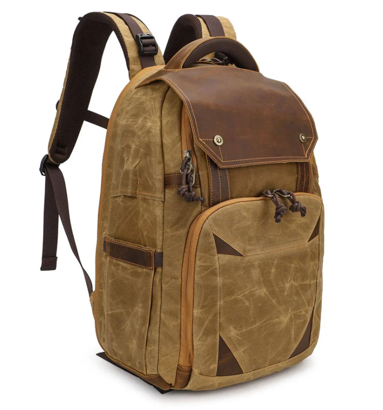 Vintage camera backpack with leather accents, perfect for photographers on the go, Sierra Nevada style.