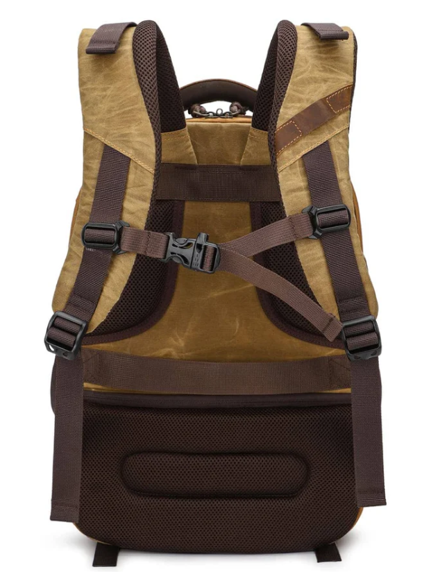 Back view of the Vintage Camera Backpack in Sierra Nevada design, showcasing its adjustable straps and durable materials.