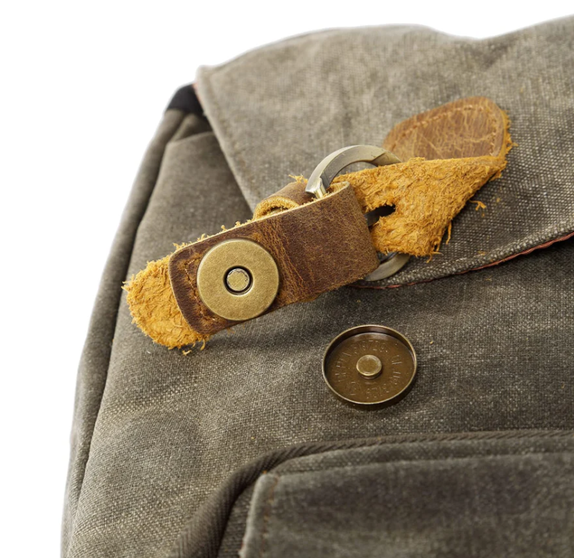 Close-up of the leather strap and button fastening on a waterproof canvas camera backpack, showcasing quality craftsmanship.