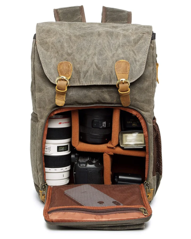 Waterproof canvas camera backpack Antarctica, showcasing multiple compartments for lenses and gear.