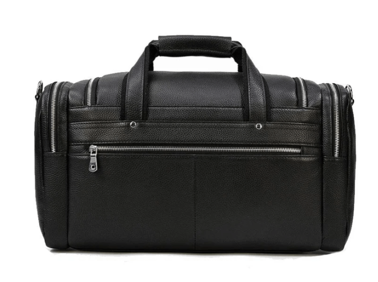 Black leather duffle bag featuring dual zippers and sturdy handles, perfect for travel and style.