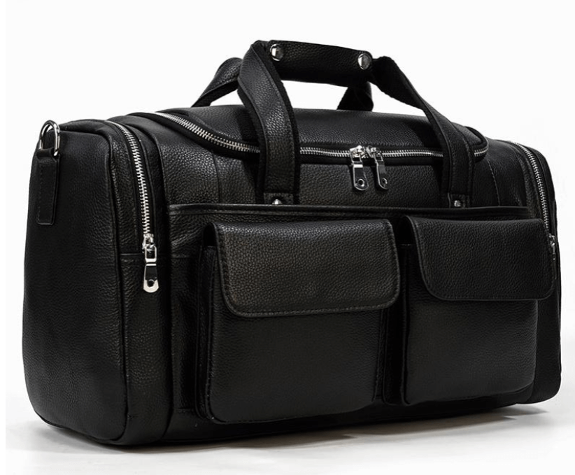 Black leather duffle bag with multiple zip and flap pockets, perfect for travel and everyday use.