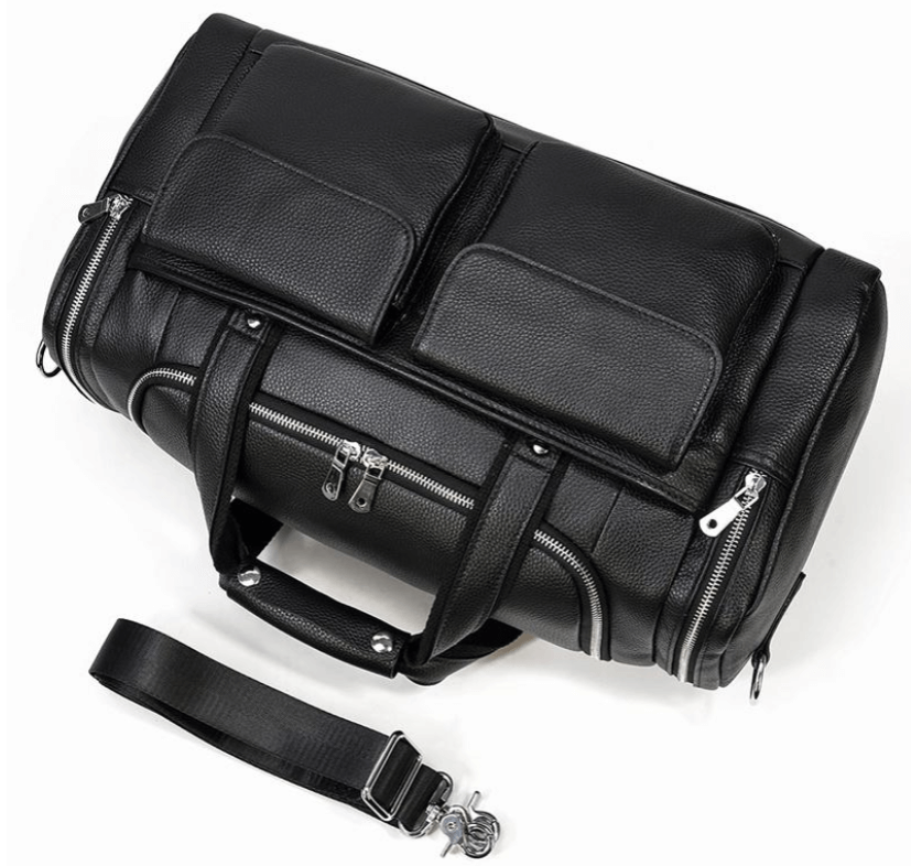 Black leather duffle bag with dual front pockets and removable strap, ideal for travel or gym use.