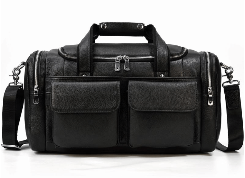 Black leather duffle bag with multiple pockets, ideal for travel and outdoor adventures.