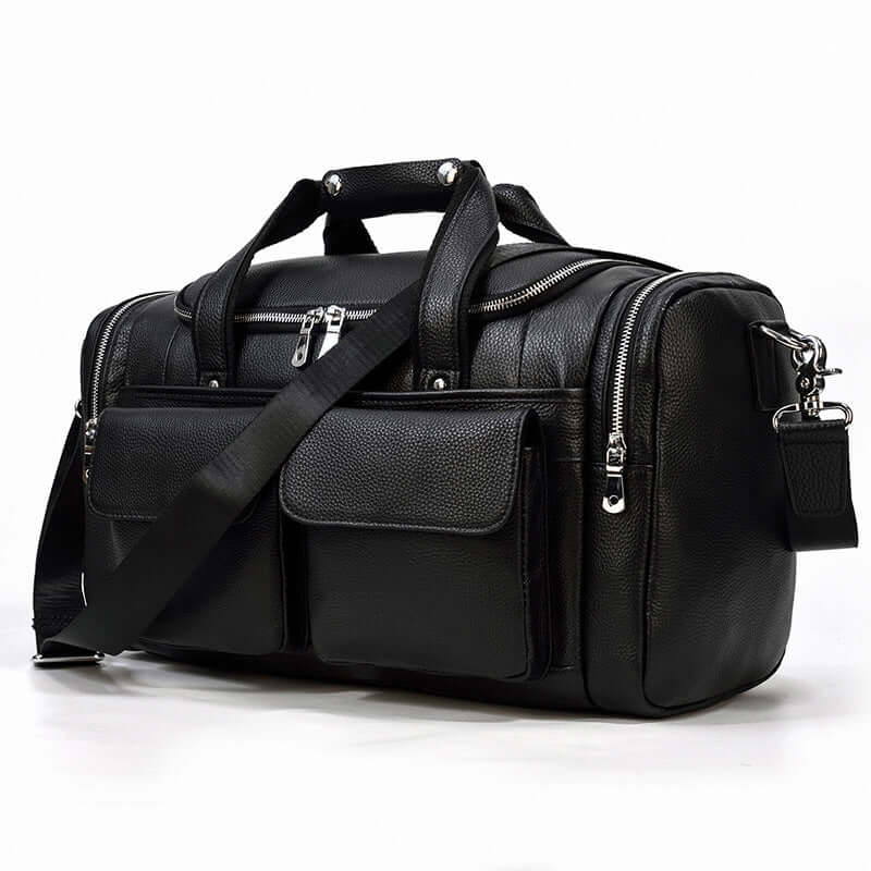 Black leather duffle bag with multiple pockets and shoulder strap, perfect for travel and outdoor adventures.